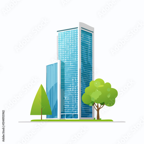 Eco-friendly building in the modern city. Sustainable glass office building with tree