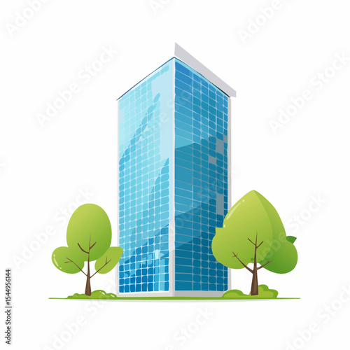Eco-friendly building in the modern city. Sustainable glass office building with tree