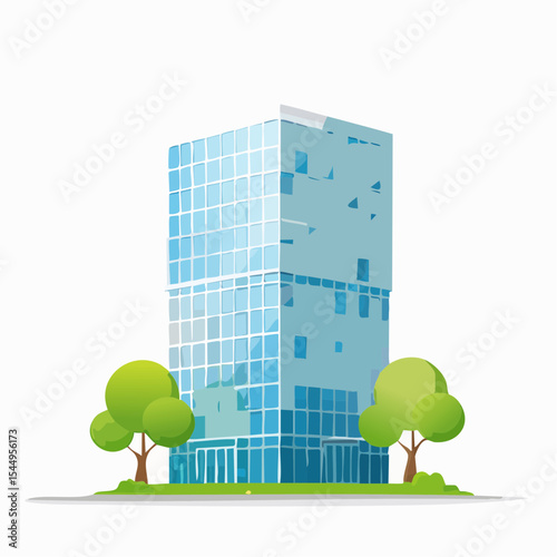 Eco-friendly building in the modern city. Sustainable glass office building with tree