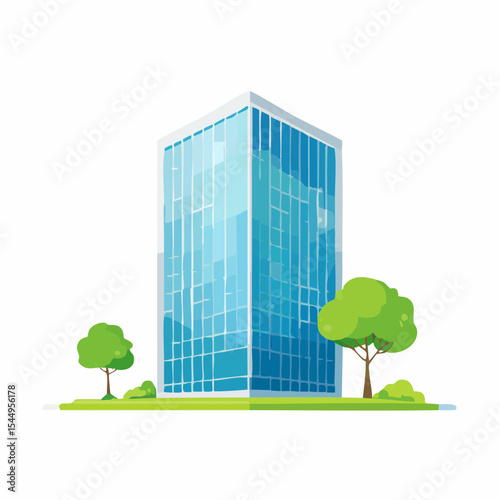 Eco-friendly building in the modern city. Sustainable glass office building with tree