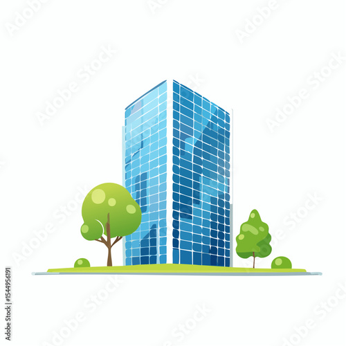 Eco-friendly building in the modern city. Sustainable glass office building with tree