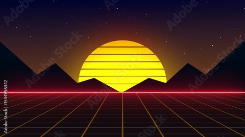 Retro Sunset Grid Landscape with Mountains Loop 80s Synthwave Horizon Animation