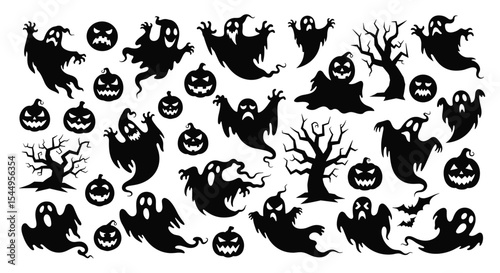 Spooky Season Is Upon Us Featuring Ghosts Pumpkins and Trees in Black Silhouette