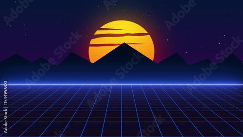 Retro Sunset Grid Landscape with Mountain Silhouette Seamless Loop Animation