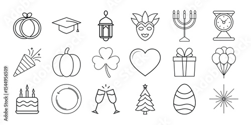 Collection of line icons representing various holidays and celebrations isolated on white background