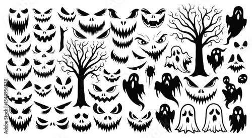 A Collection of Spooky Halloween Elements Featuring Scary Faces Ghosts and Bare Trees in Black and White