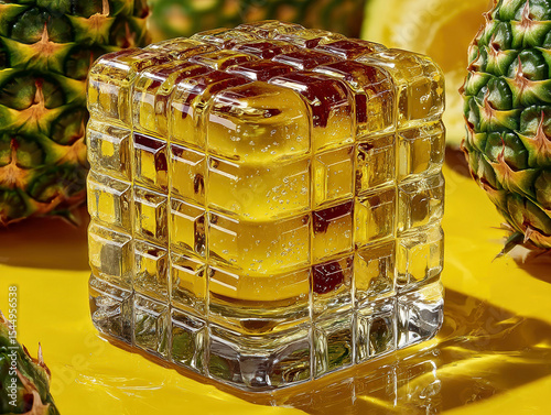 Translucent pineapple cube in geometric grid, vibrant yellow honey container on clean sci-fi kitchen backdrop Honey cube with textured surface and slice of pineapple present Bright, e - AI-Generated