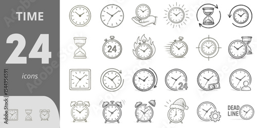 Collection of 24 time-related icons in simple line style  