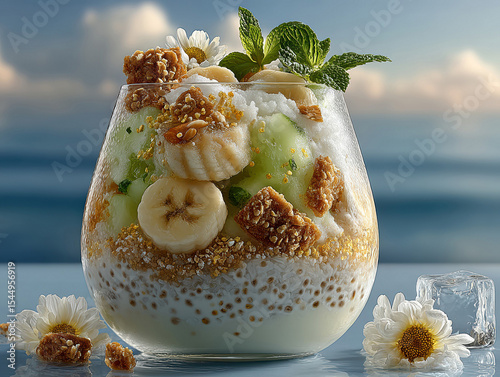 A rice dumpling floats in thick yogurt, adorned with golden flakes, waffle shards, banana slices, mint leaves, melon pieces, ice cubes, and granola The scene is set against a calm ocea - AI-Generated