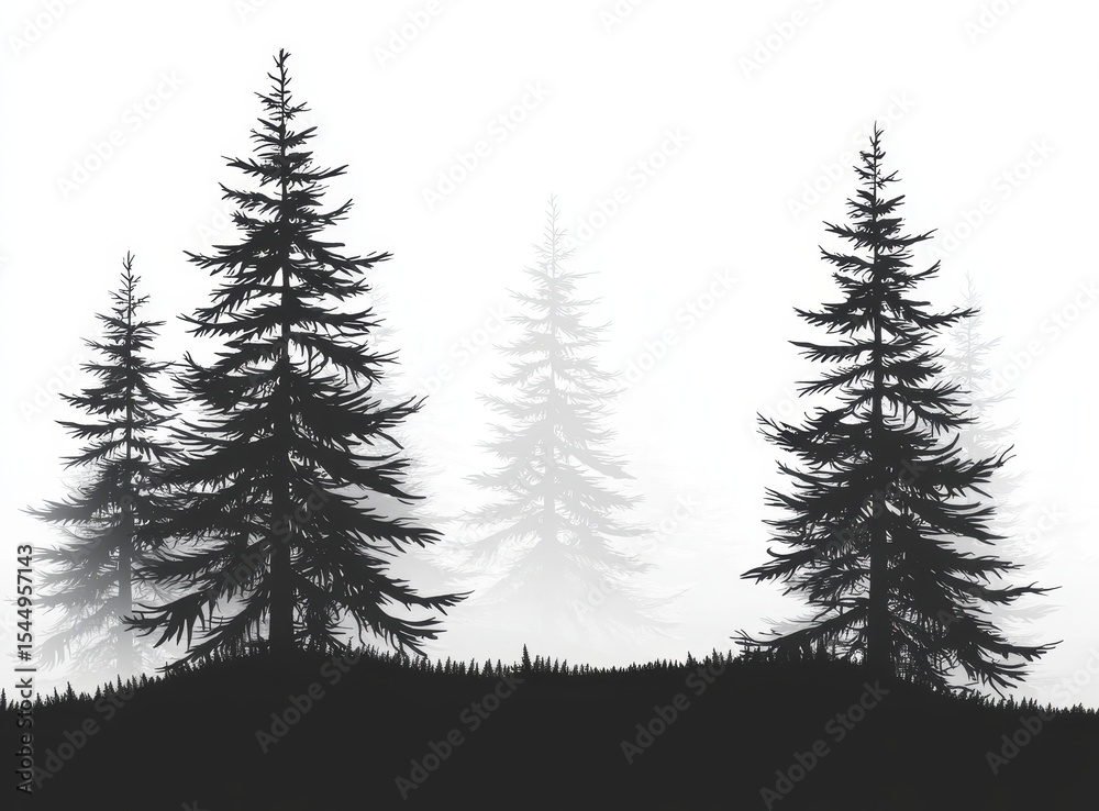 Fototapeta premium A white background showcases fir trees displaying three different grey colors in the forest