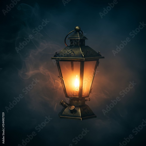 Antique Lantern Glowing Brightly in Smoky Atmosphere a Vintage Style Light Source Perfect for Dark Backgrounds and Mystery Themes