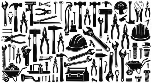 Assortment of Black Silhouettes Featuring Various Hand Tools for Construction and Building Projects