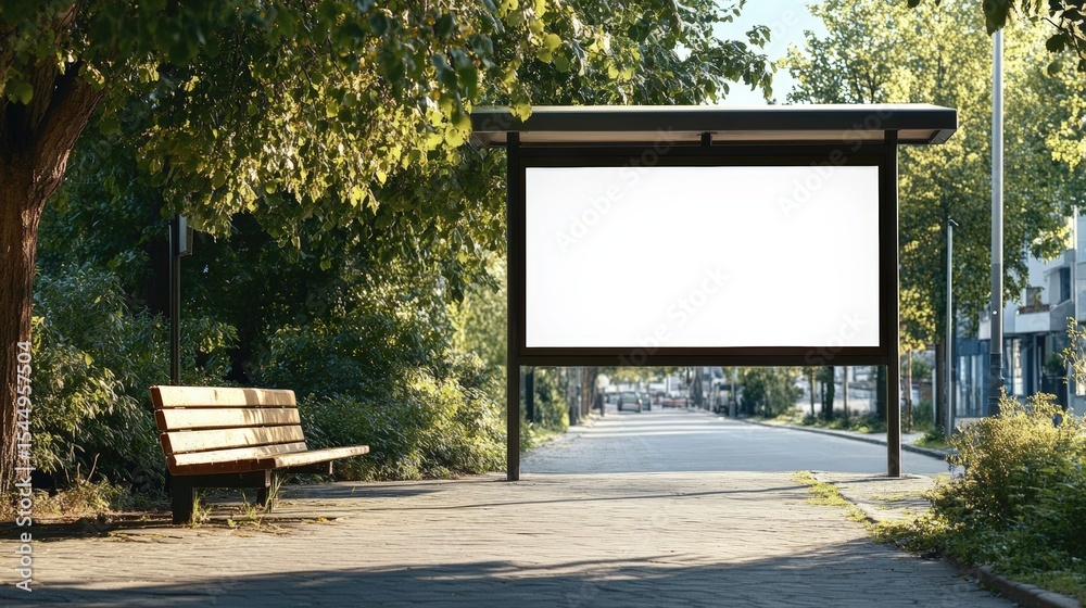 Fototapeta premium A peaceful, empty bus stop with a blank advertisement board, surrounded by greenery and a bench under the shade of a tree on a sunny day.