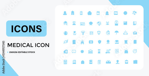 Collection of Light Blue Medical Icons on White Background with Blue Accents