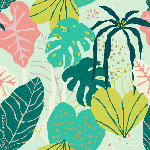 Monstera leaf seamless pattern, hand drawn botanical, spring and Summer time, green style, natural ornaments for textile, fabric, wallpaper, background.
