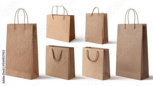 Six Paper bags mockup on white background. 3d rendering.