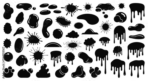 A Variety of Black Ink Splatters and Drops Creates Unique Design Elements Collection