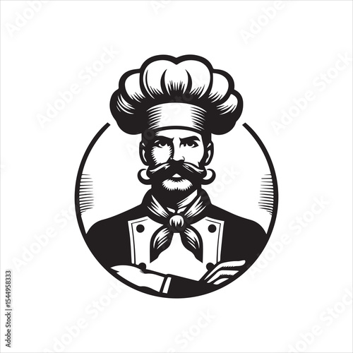 Vintage style illustration of a chef with a large toque and mustache.