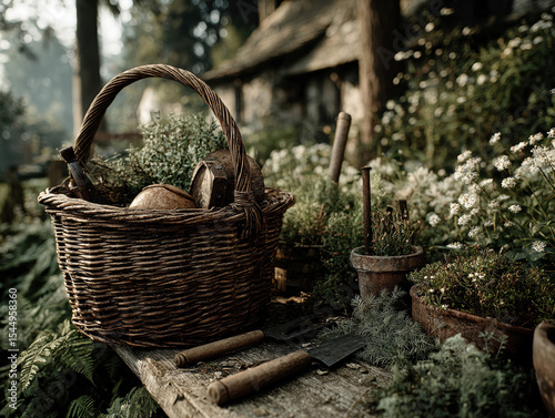 A wicker picnic basket filled with bread loaves sits on a weathered wooden surface, next to a rusted mortar and pestle The setting is a misty meadow bathed in morning light, with lush - AI-Generated
