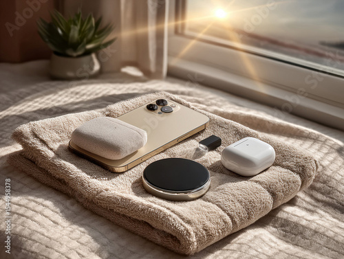 Close-up image of a wireless charging pad with multiple devices, possibly smartphones, placed on a soft towel Natural sunlight casting warm tones, minimalist setting, and clean lines - AI-Generated