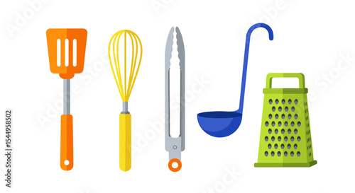 Illustration showcasing an array of kitchen utensils including a spatula, whisk, and grater