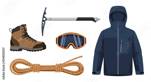 Illustration of mountaineering equipment including boot, ice axe, goggles, rope and jacket