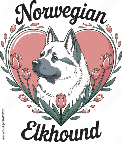 Norwegian Elkhound Dog Portrait Pink Heart Tulips Flowers Floral Design Illustration vector