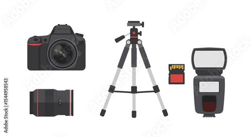 Illustration showcasing a dslr camera, lens, tripod, sd card, and flash on a white backdrop