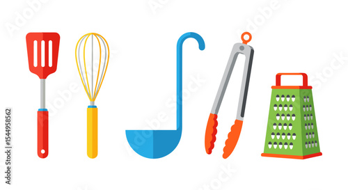 Illustration of kitchen tools including a spatula whisk ladle tongs and a grater set