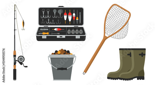 Illustration of fishing gear including a rod, tackle box, net, bucket, and boots shown