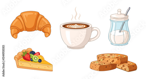 Illustration of a croissant, coffee, sugar dispenser, fruit tart, and biscotti pastries