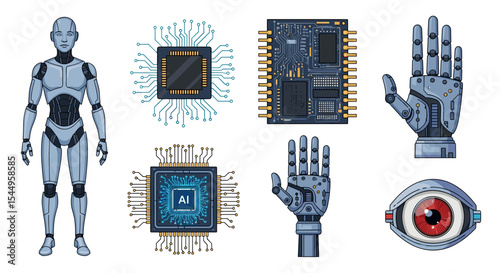 Illustration showcasing a humanoid robot, ai chips, circuit boards, and robotic hand and eye