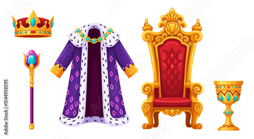 Illustration of a royal set including a crown, robe, scepter, throne, and goblet item