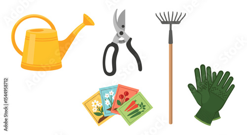 Illustration of gardening tools including watering can, shears, rake, gloves, and seed packets