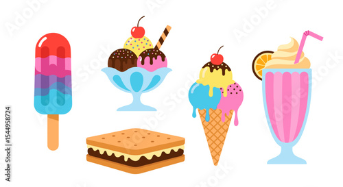 Illustration of a popsicle, ice cream sundae, ice cream cone, milkshake, and s'more treat