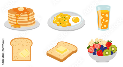 Illustration of pancakes with syrup, scrambled eggs, toast, juice and fruit bowl set up