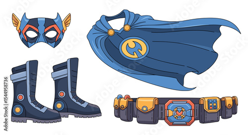 Illustration of a superhero costume with a mask, cape, boots, and utility belt shown