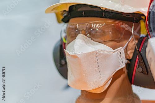 A person wearing personal protective equipment PPE in a possibly sterile or exposure protection setting, such as a laboratory or medical environment Wearing a full-body suit, surgical mask, helmet