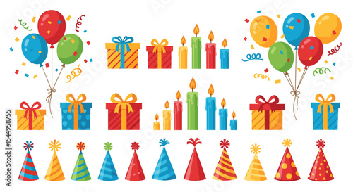 Illustration of colorful birthday party elements including balloons gifts candles and hats