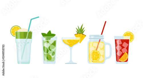 Illustration of five different colorful cocktails with various garnishes and straws on white