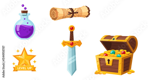 Illustration of a potion, scroll, level up star, sword, and treasure chest with gold coins