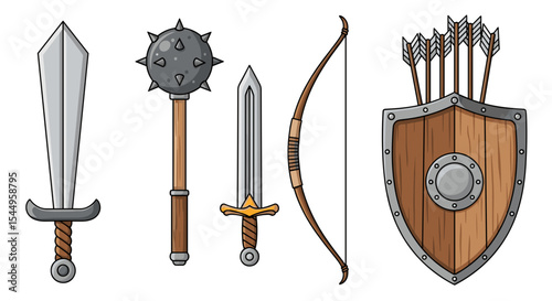 Illustration of various medieval weapons including swords, mace, bow, arrows and shield