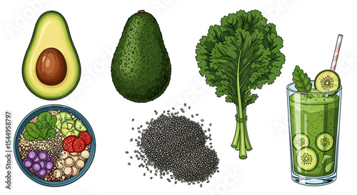 Illustration of healthy food ingredients including avocado kale chia seeds and a smoothie