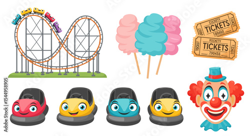 Illustration of a roller coaster, cotton candy, tickets, bumper cars and a clown face