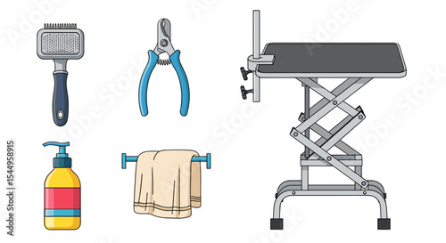 Illustration of grooming tools including brush, clippers, table, towel, and shampoo bottle