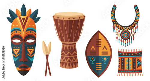 A collection of african cultural items including a mask drum shield and other artifacts