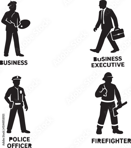 Black and White Silhouette of firefighter, police officer, business executive, business