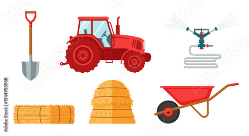 Illustration of farming equipment including a tractor, shovel, and hay bales on white background