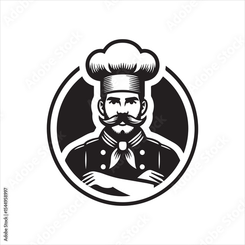 A detailed monochrome illustration of a chef with crossed arms, inside a circular frame.