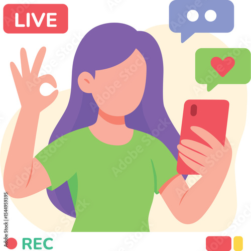 Young woman with purple hair holding smartphone, streaming live video, making OK hand gesture, surrounded by chat bubbles and heart icon